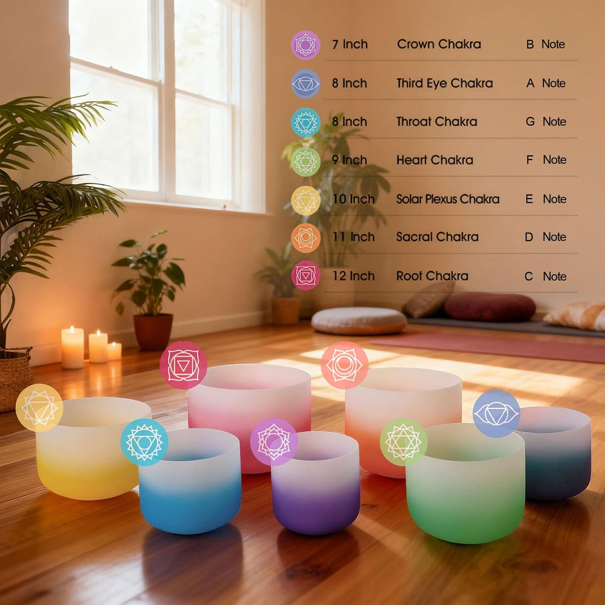 432Hz 7"-12" Gradient Color Crystal Singing Bowl Set of 7