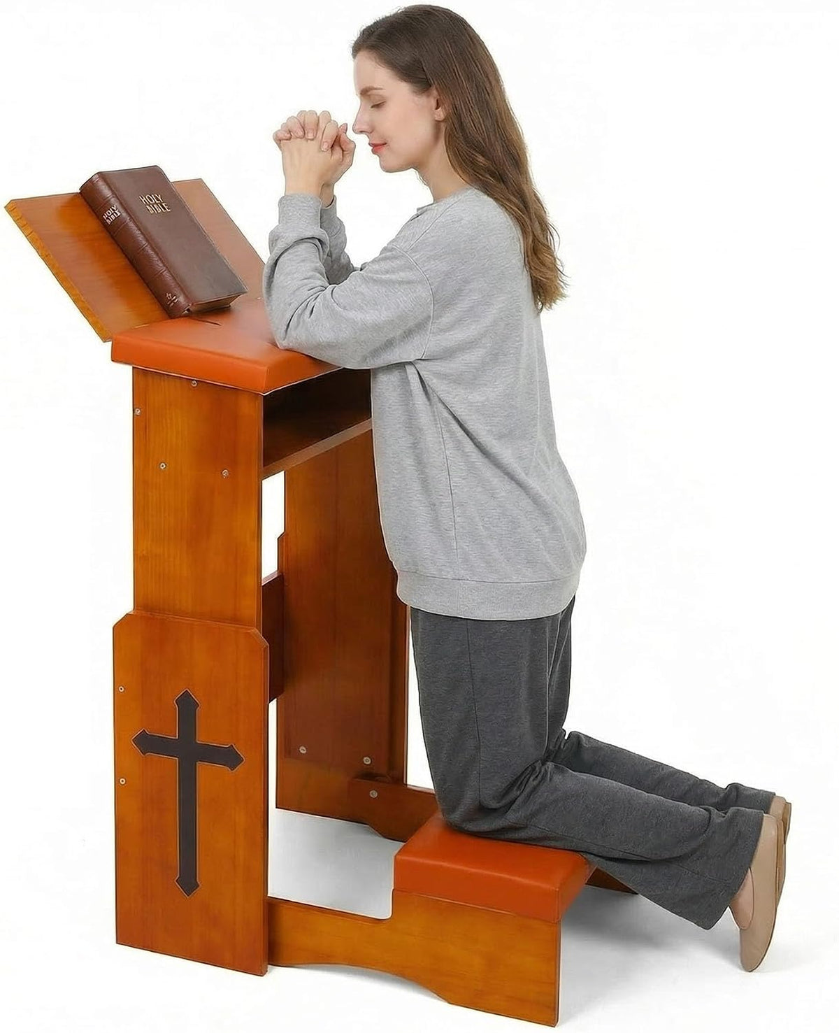 Prayer Kneeler Bench with Foldable Book Stand, Adjustable Height Kneeling Stool with Storage Space & Thick Cushion, Space-Saving Prayer Chair for Home Church Bible Reading