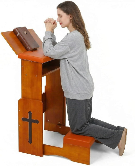 Prayer Kneeler Bench with Foldable Book Stand, Adjustable Height Kneeling Stool with Storage Space & Thick Cushion, Space-Saving Prayer Chair for Home Church Bible Reading