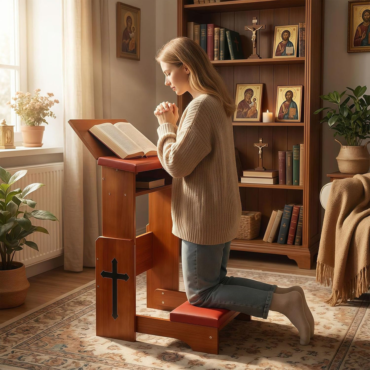 Prayer Kneeler Bench with Foldable Book Stand, Adjustable Height Kneeling Stool with Storage Space & Thick Cushion, Space-Saving Prayer Chair for Home Church Bible Reading