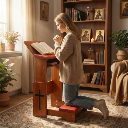 Prayer Kneeler Bench with Foldable Book Stand, Adjustable Height Kneeling Stool with Storage Space & Thick Cushion, Space-Saving Prayer Chair for Home Church Bible Reading