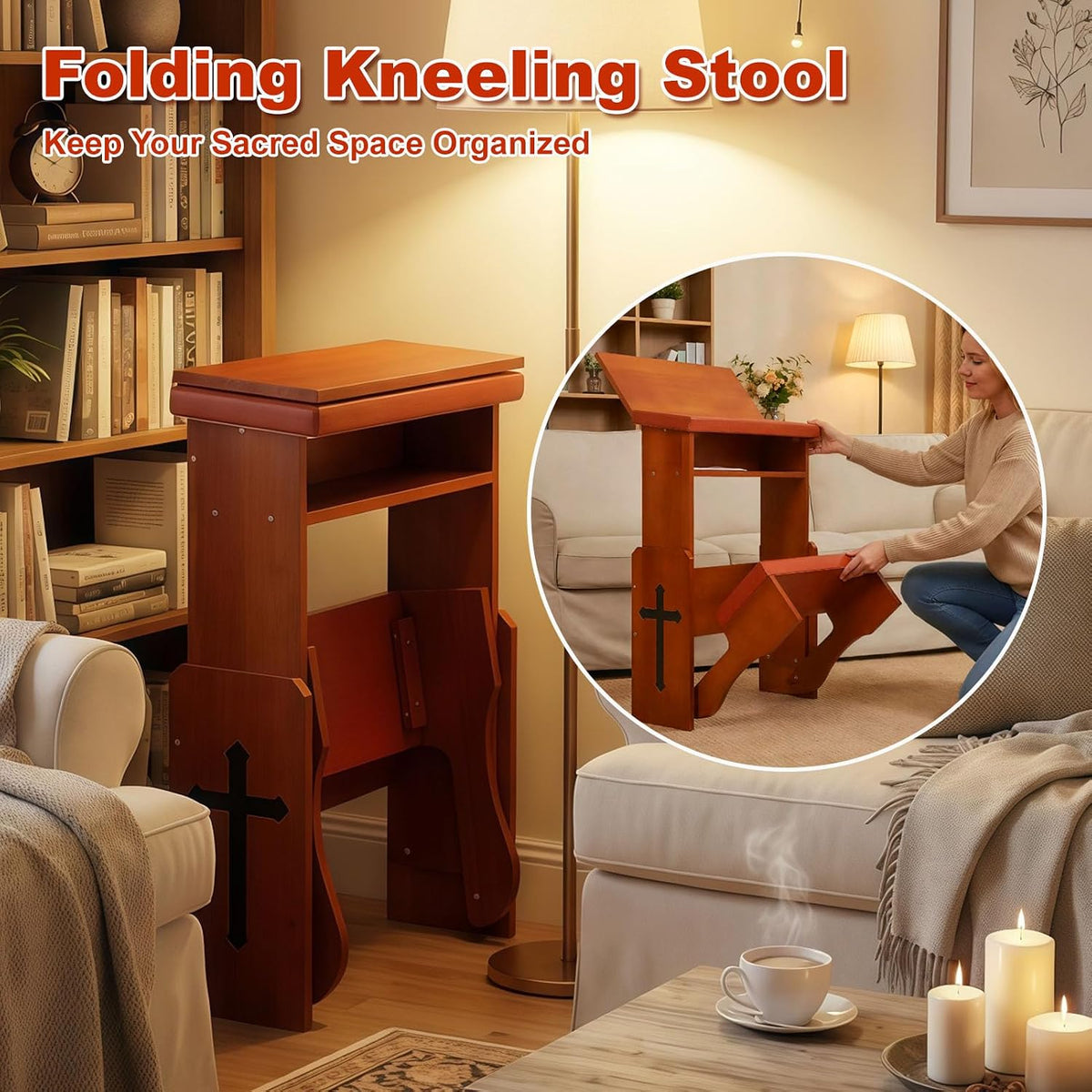 Prayer Kneeler Bench with Foldable Book Stand, Adjustable Height Kneeling Stool with Storage Space & Thick Cushion, Space-Saving Prayer Chair for Home Church Bible Reading