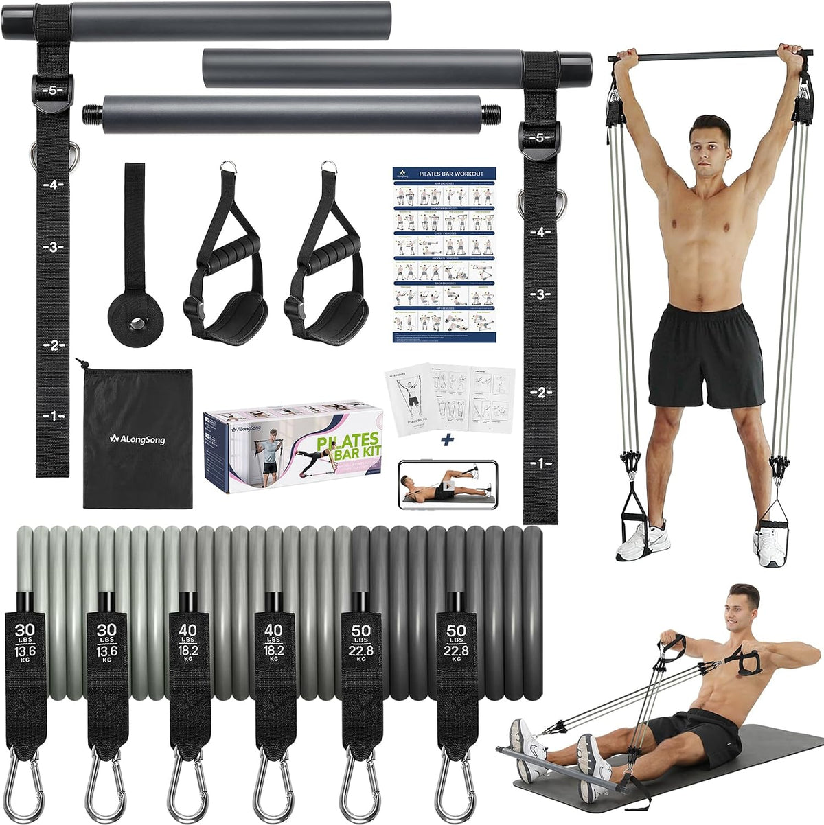 Upgraded Pilates Bar Kit with Resistance Bands Natural Latex for Women & Men, Heavy-Duty Stainless Steel Multifunctional Yoga Pilates Stick for Home Gym Exercise Fitness Equipment Full-Body Workouts