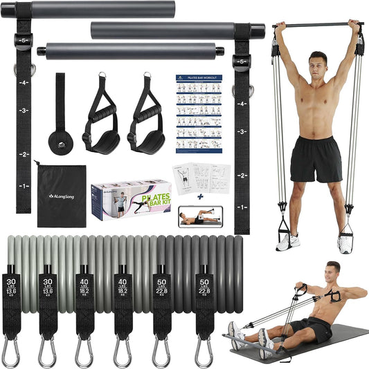 Upgraded Pilates Bar Kit with Resistance Bands Natural Latex for Women & Men, Heavy-Duty Stainless Steel Multifunctional Yoga Pilates Stick for Home Gym Exercise Fitness Equipment Full-Body Workouts