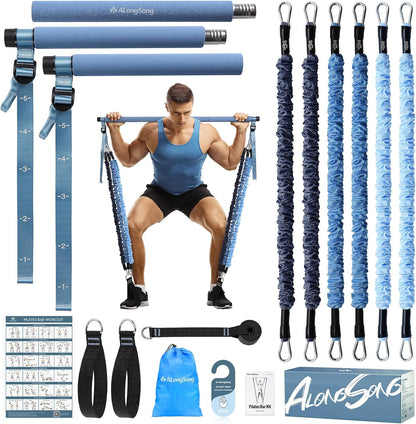 Upgraded Pilates Bar Kit with Resistance Bands Natural Latex for Women & Men, Heavy-Duty Stainless Steel Multifunctional Yoga Pilates Stick for Home Gym Exercise Fitness Equipment Full-Body Workouts
