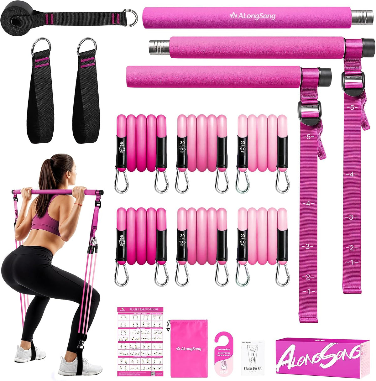 Upgraded Pilates Bar Kit with Resistance Bands Natural Latex for Women & Men, Heavy-Duty Stainless Steel Multifunctional Yoga Pilates Stick for Home Gym Exercise Fitness Equipment Full-Body Workouts