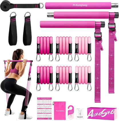 Upgraded Pilates Bar Kit with Resistance Bands Natural Latex for Women & Men, Heavy-Duty Stainless Steel Multifunctional Yoga Pilates Stick for Home Gym Exercise Fitness Equipment Full-Body Workouts
