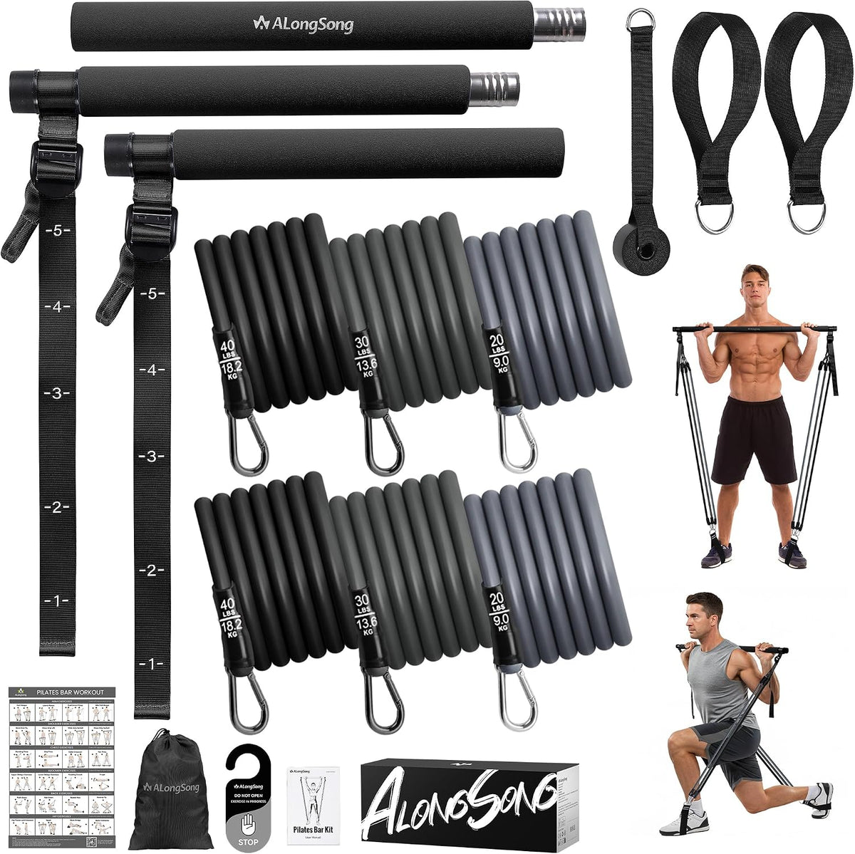 Upgraded Pilates Bar Kit with Resistance Bands Natural Latex for Women & Men, Heavy-Duty Stainless Steel Multifunctional Yoga Pilates Stick for Home Gym Exercise Fitness Equipment Full-Body Workouts