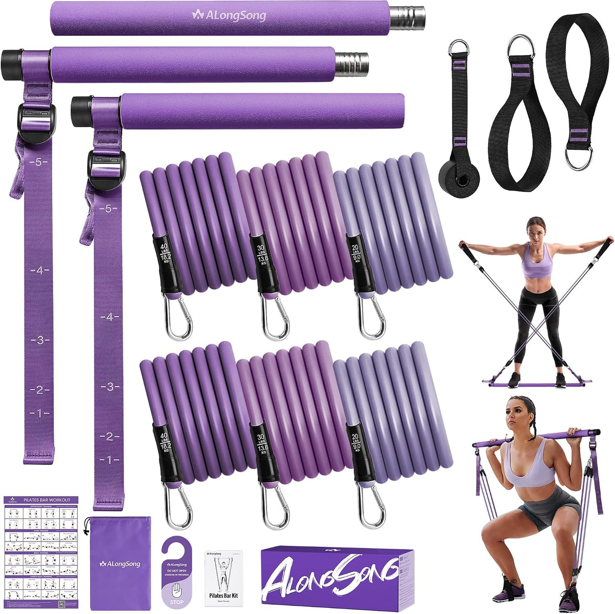 Upgraded Pilates Bar Kit with Resistance Bands Natural Latex for Women & Men, Heavy-Duty Stainless Steel Multifunctional Yoga Pilates Stick for Home Gym Exercise Fitness Equipment Full-Body Workouts