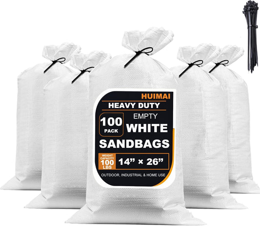 Heavy Duty Sand Bags for Flooding with Tie Strings, 100 Pack, 14x26 inches