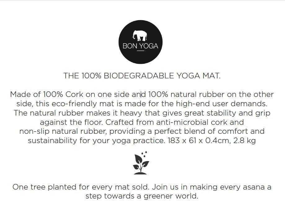 BON Yoga Mat 100% Biodegradable Cork & Natural Rubber, Non-Slip, Pilates Mat, Home & Studio Exercise Mat with Extra Grip for Hot Yoga and Comfort Workout, 72" x 24" x 0.16", 6lb