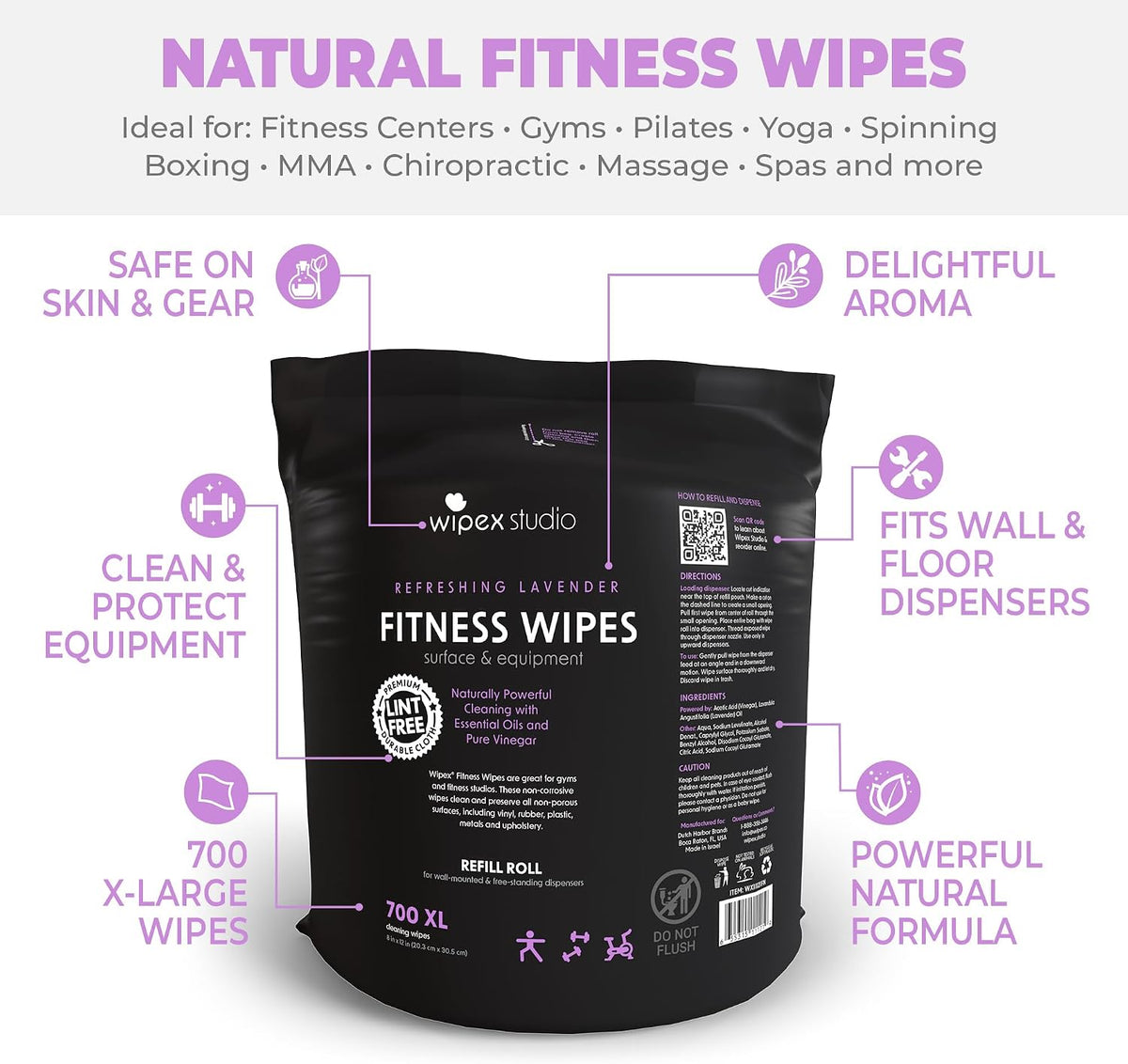 Gym Wipes Refill, Large 8"x12" Fitness Equipment Wipes with Cleaning Vinegar and Refreshing Lavender Essential Oil for Yoga Mat Cleaner, Fits Dispensers, (Pack of 1)