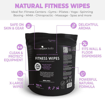 Gym Wipes Refill, Large 8"x12" Fitness Equipment Wipes with Cleaning Vinegar and Refreshing Lavender Essential Oil for Yoga Mat Cleaner, Fits Dispensers, (Pack of 1)