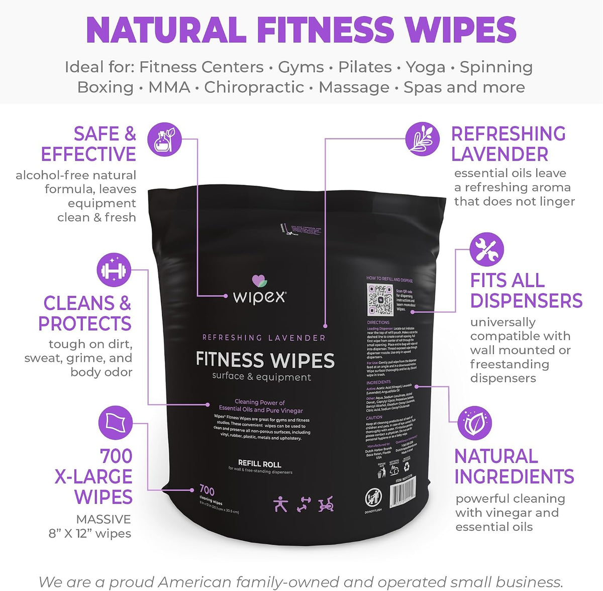 Gym Wipes Refill, Large 8"x12" Fitness Equipment Wipes with Cleaning Vinegar and Refreshing Lavender Essential Oil for Yoga Mat Cleaner, Fits Dispensers, (Pack of 1)
