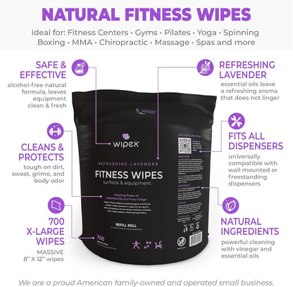 Gym Wipes Refill, Large 8"x12" Fitness Equipment Wipes with Cleaning Vinegar and Refreshing Lavender Essential Oil for Yoga Mat Cleaner, Fits Dispensers, (Pack of 1)