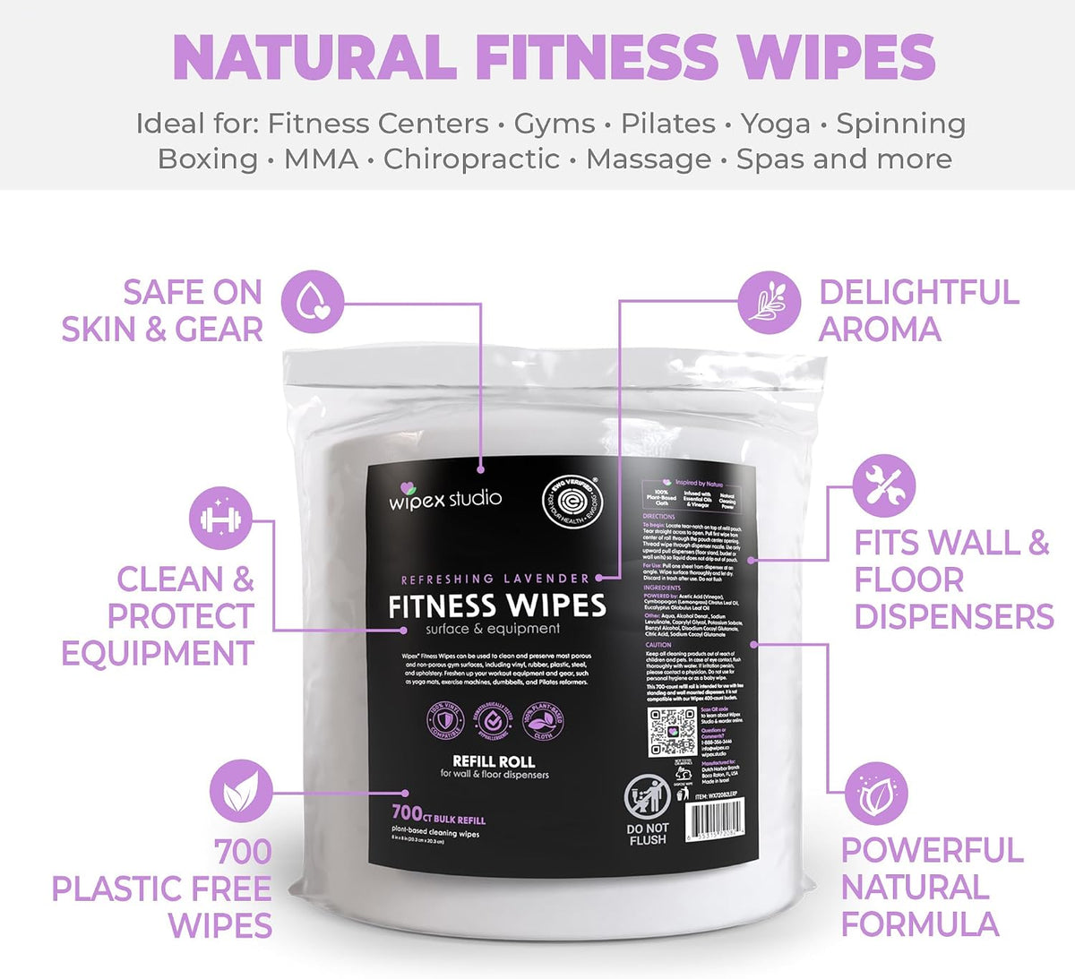 Gym Wipes Refill, Large 8"x12" Fitness Equipment Wipes with Cleaning Vinegar and Refreshing Lavender Essential Oil for Yoga Mat Cleaner, Fits Dispensers, (Pack of 1)
