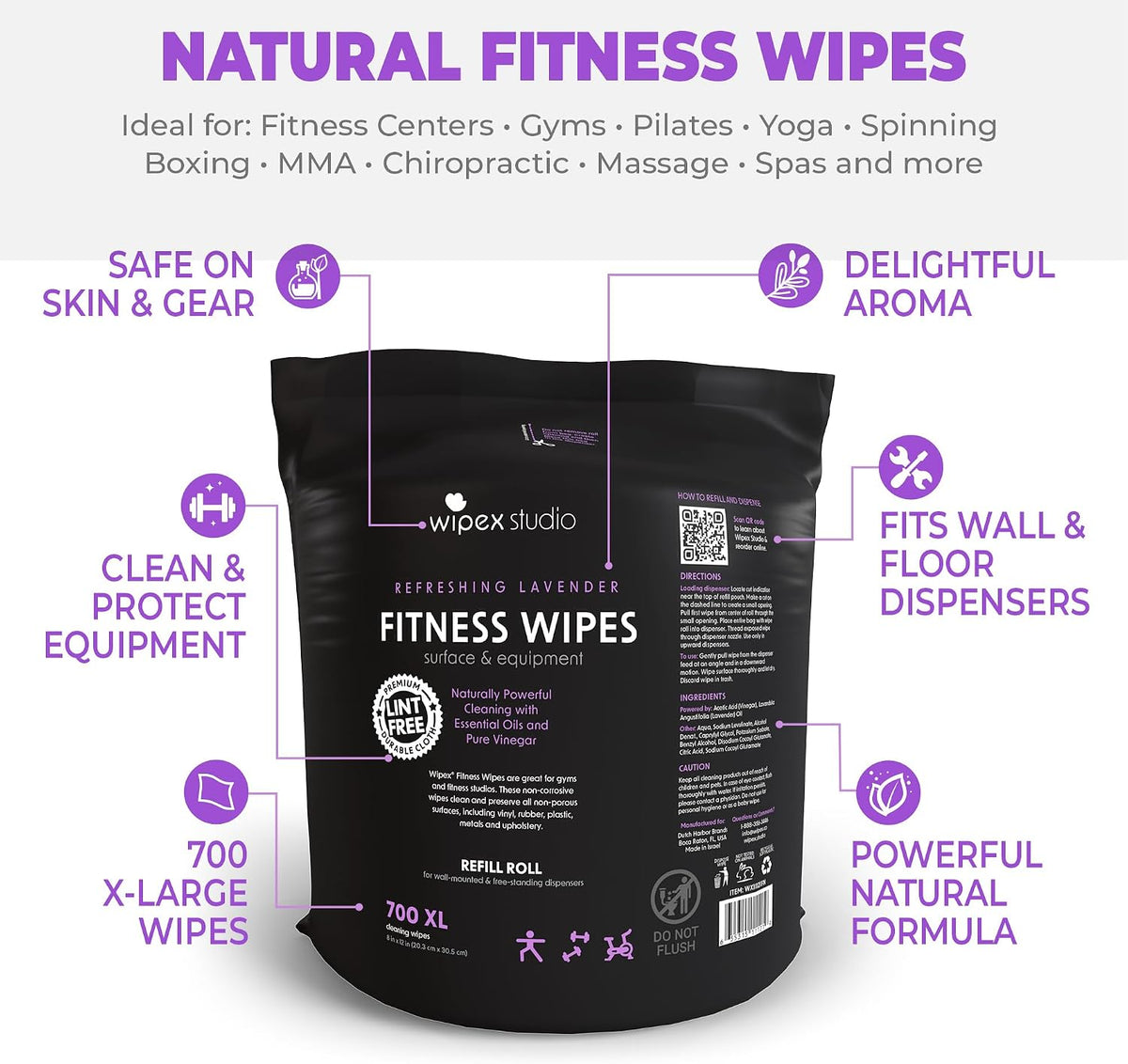 Gym Wipes Refill, Large 8"x12" Fitness Equipment Wipes with Cleaning Vinegar and Refreshing Lavender Essential Oil for Yoga Mat Cleaner, Fits Dispensers, (Pack of 1)