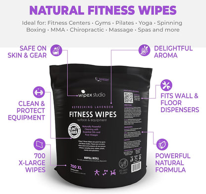 Gym Wipes Refill, Large 8"x12" Fitness Equipment Wipes with Cleaning Vinegar and Refreshing Lavender Essential Oil for Yoga Mat Cleaner, Fits Dispensers, (Pack of 1)