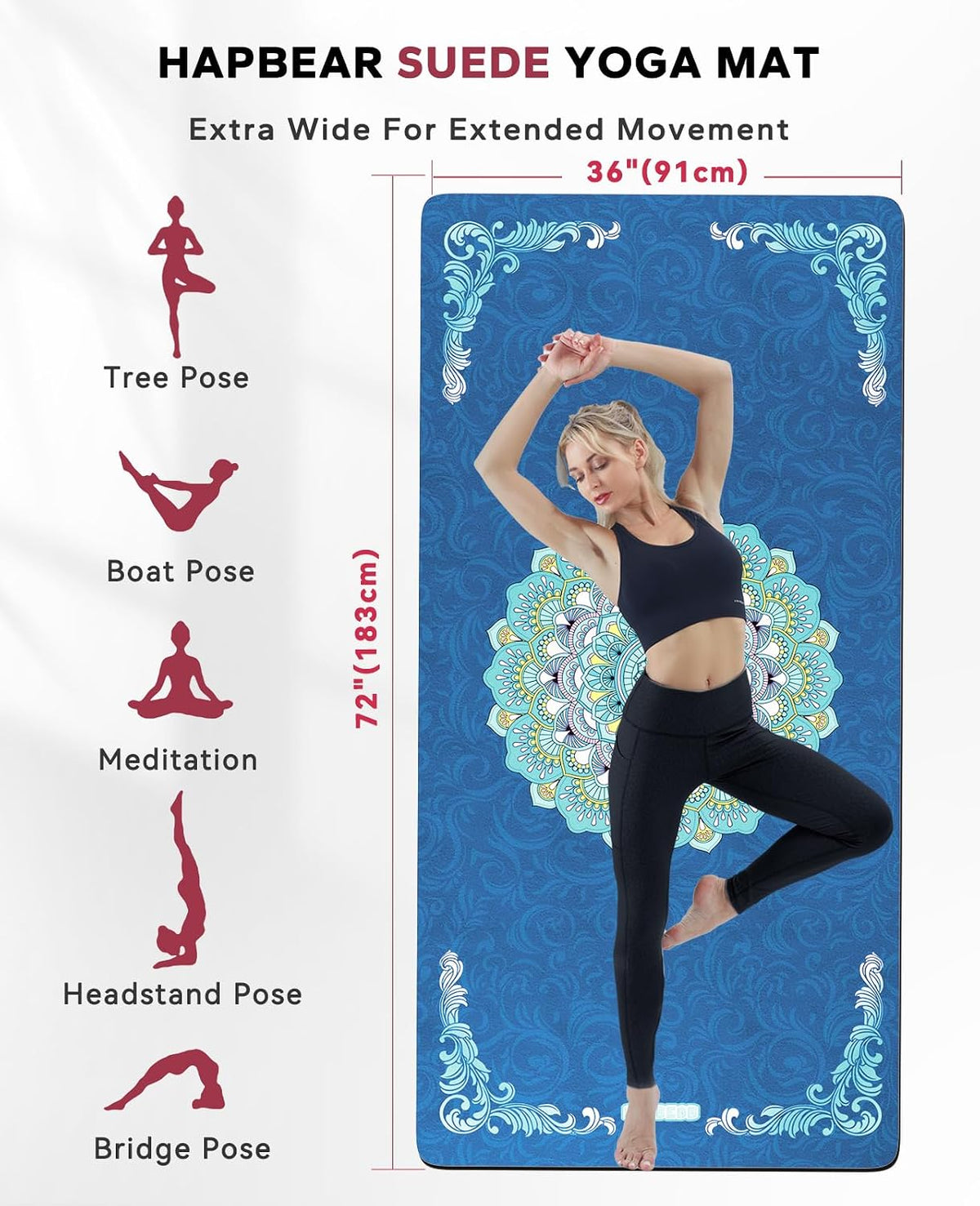 HAPBEAR Large Yoga Mat - 72"x36" Extra Wide Exercise Mat - 1/4" Thick Dual Color PVC | Anti-Slip Surface & High Cushioning - Ideal for Yoga, Pilates & Home Workouts - Bonus Mesh Bag