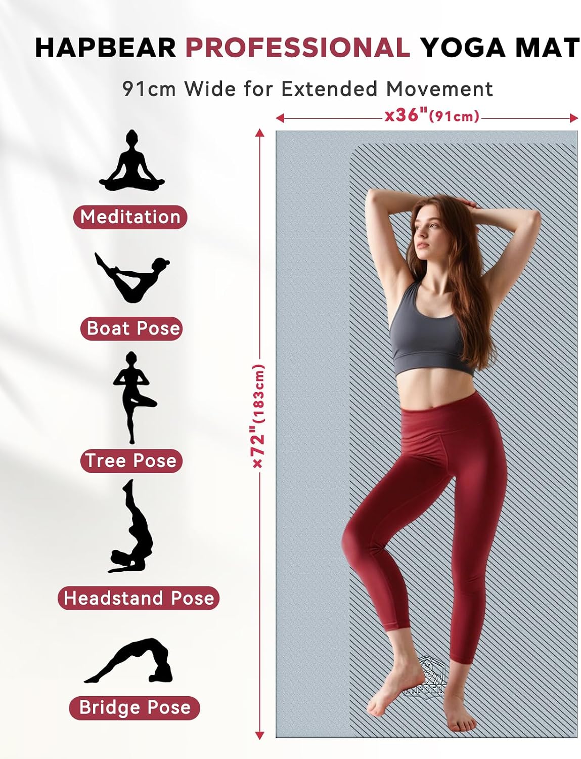 HAPBEAR Large Yoga Mat - 72"x36" Extra Wide Exercise Mat - 1/4" Thick Dual Color PVC | Anti-Slip Surface & High Cushioning - Ideal for Yoga, Pilates & Home Workouts - Bonus Mesh Bag