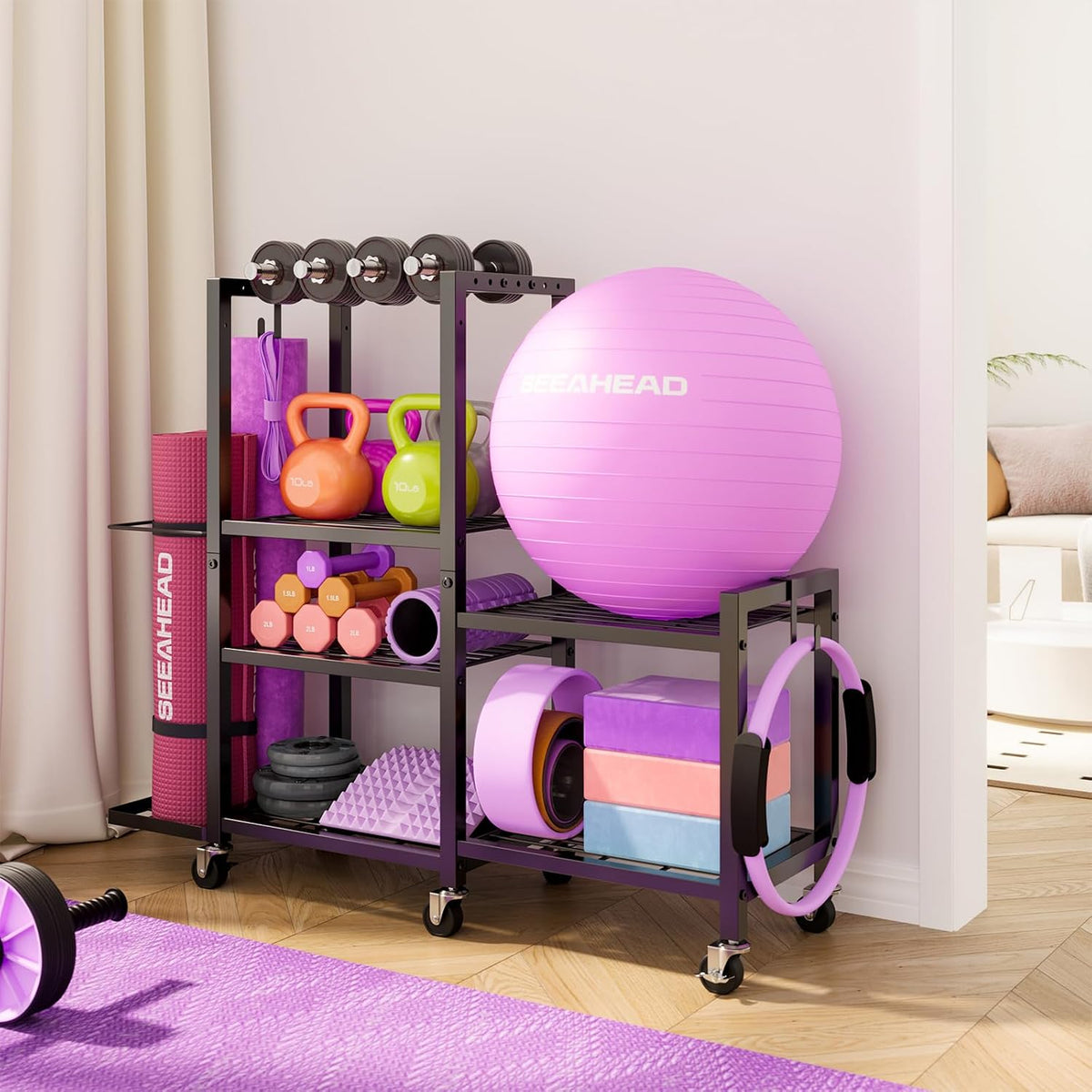 6Tier Rolling Home Gym Storage, Multi-Purpose Dumbbell Weight Rack