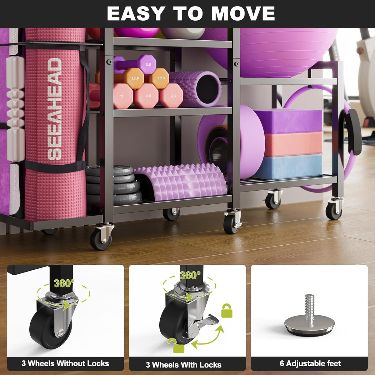 6Tier Rolling Home Gym Storage, Multi-Purpose Dumbbell Weight Rack