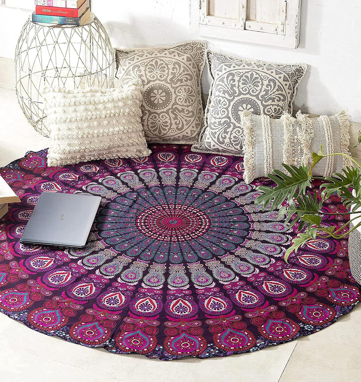 Purple Round Beach Tapestry Hippie/Boho Beach Blanket Mandala/Indian Cotton Throw - Round Tablecloth/Home Decor/Indie Rug Yoga Mat Meditation Picnic Rugs 178 CM / 70 INCHE Circle