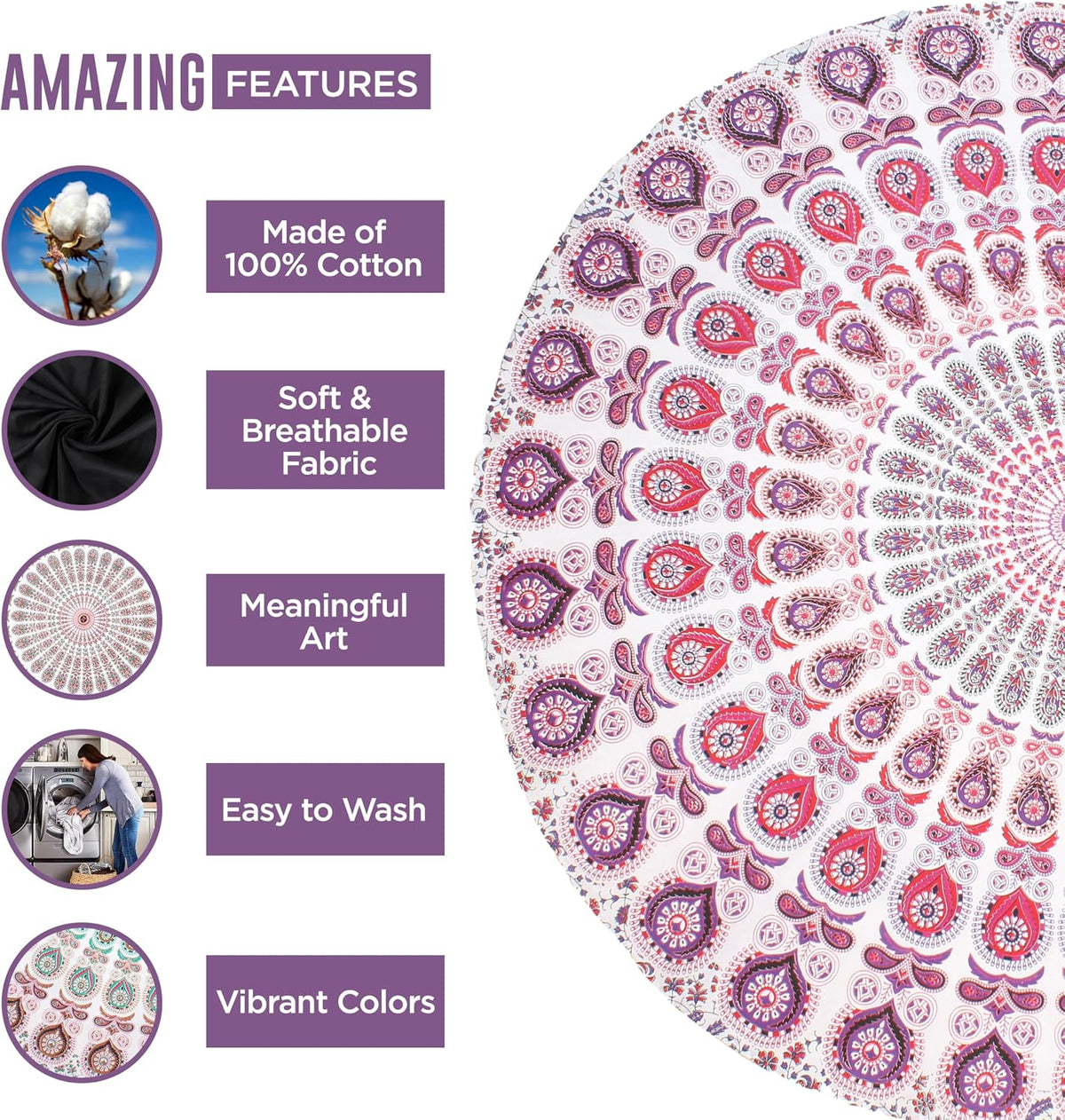 Purple Round Beach Tapestry Hippie/Boho Beach Blanket Mandala/Indian Cotton Throw - Round Tablecloth/Home Decor/Indie Rug Yoga Mat Meditation Picnic Rugs 178 CM / 70 INCHE Circle