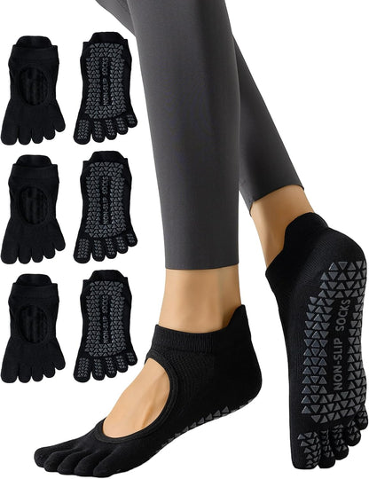 Yawlsow 3 Pairs Pilates Yoga Toe Socks with Grips for Women, Five Toe Non-Slip Socks for Barre Ballet Fitness Hospital