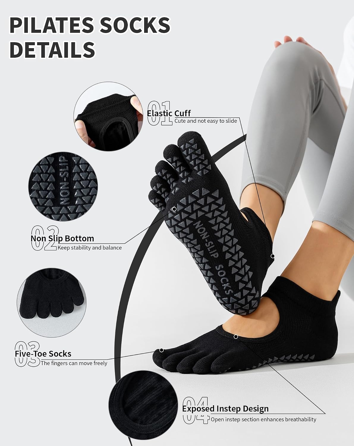 Yawlsow 3 Pairs Pilates Yoga Toe Socks with Grips for Women, Five Toe Non-Slip Socks for Barre Ballet Fitness Hospital