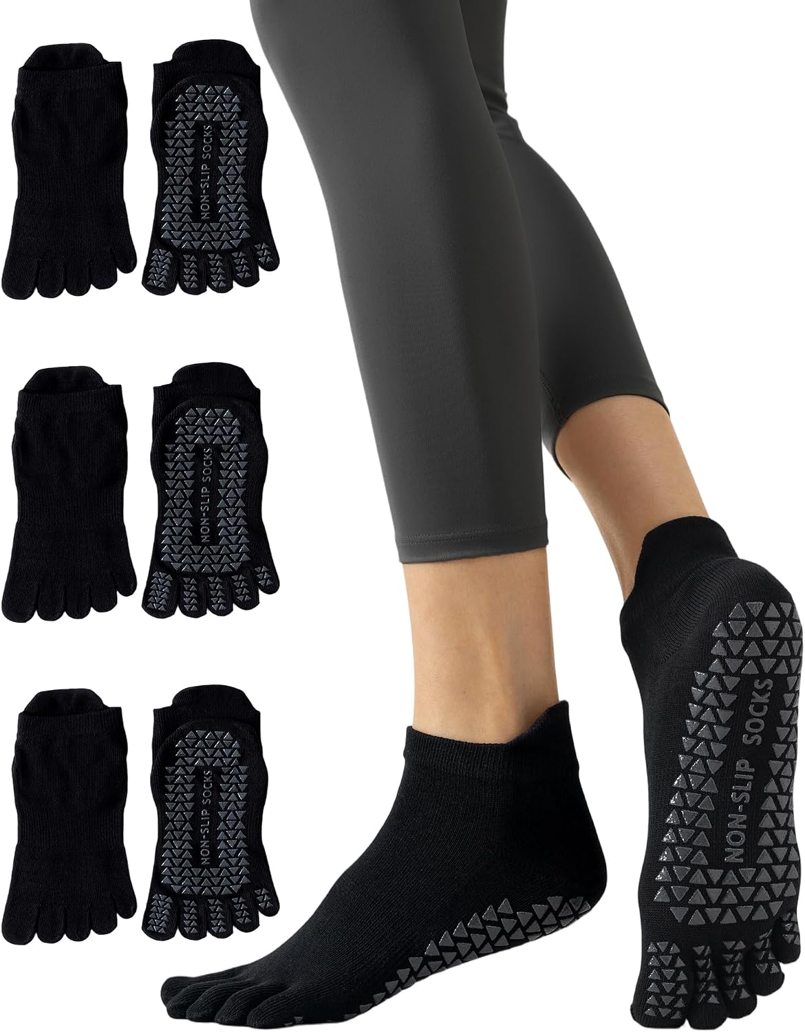 Yawlsow 3 Pairs Pilates Yoga Toe Socks with Grips for Women, Five Toe Non-Slip Socks for Barre Ballet Fitness Hospital