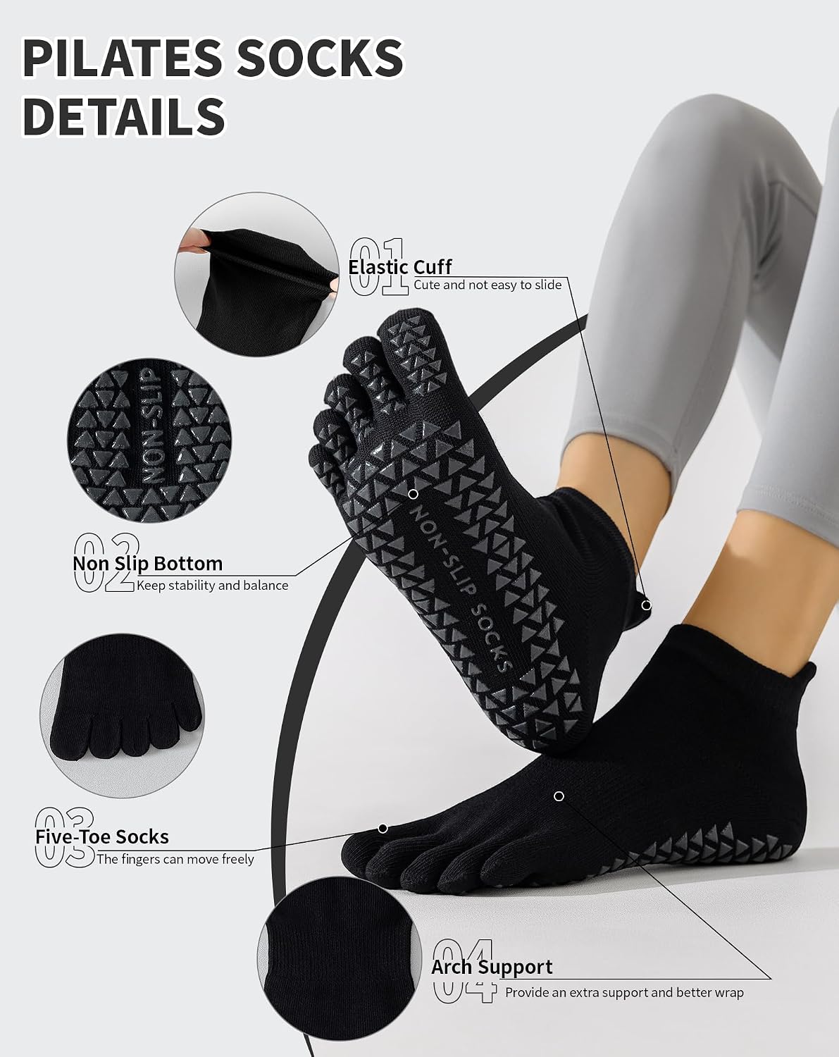 Yawlsow 3 Pairs Pilates Yoga Toe Socks with Grips for Women, Five Toe Non-Slip Socks for Barre Ballet Fitness Hospital