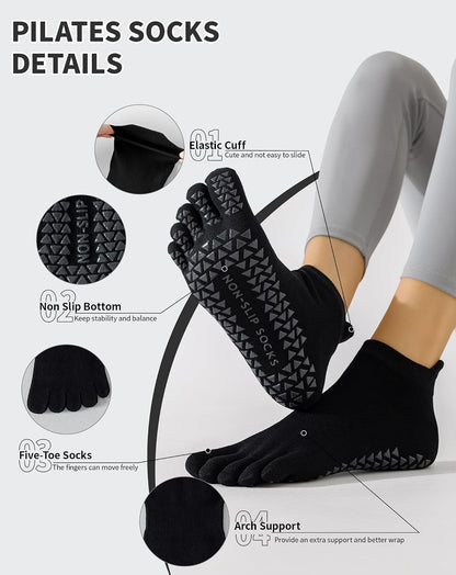 Yawlsow 3 Pairs Pilates Yoga Toe Socks with Grips for Women, Five Toe Non-Slip Socks for Barre Ballet Fitness Hospital