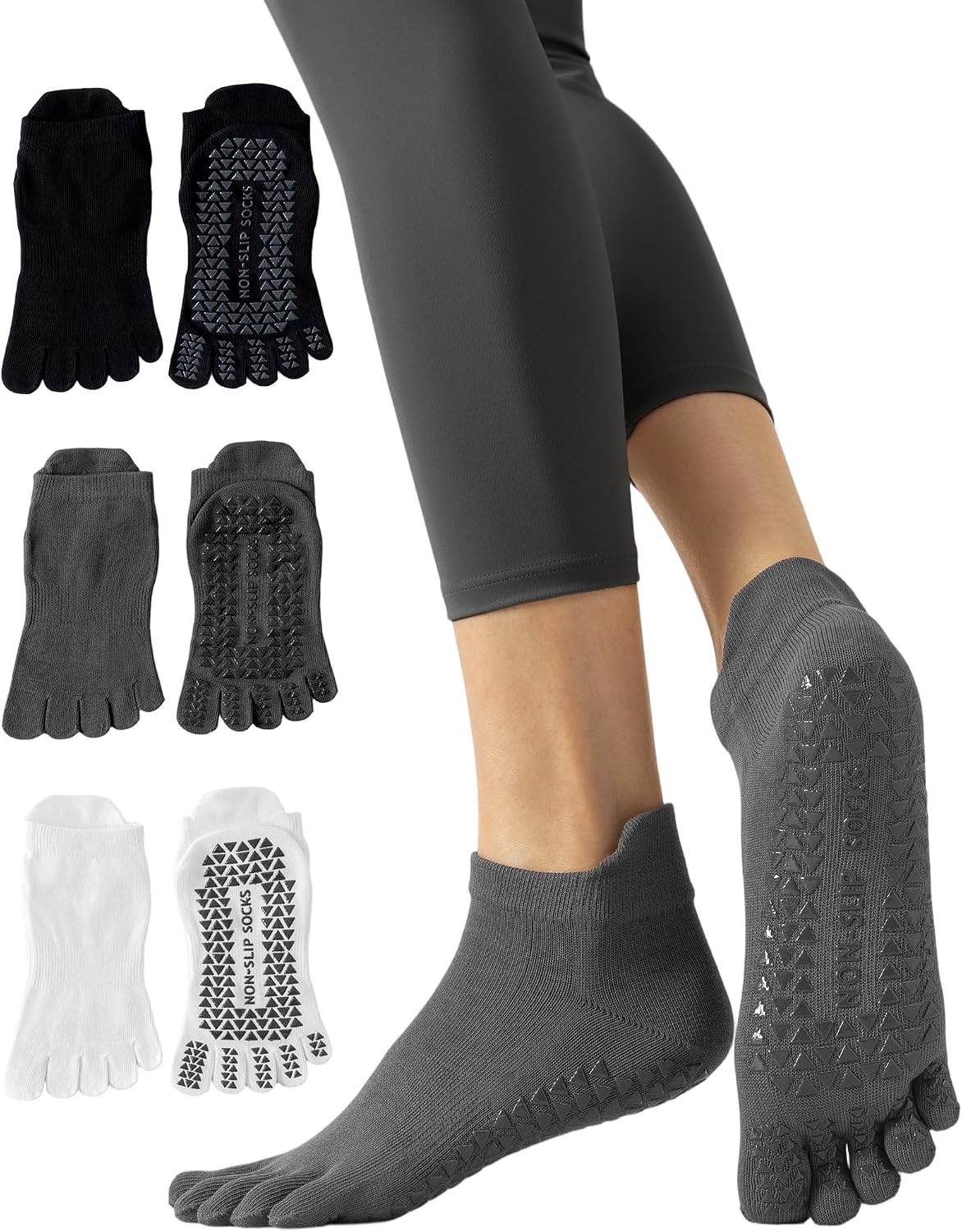 Yawlsow 3 Pairs Pilates Yoga Toe Socks with Grips for Women, Five Toe Non-Slip Socks for Barre Ballet Fitness Hospital