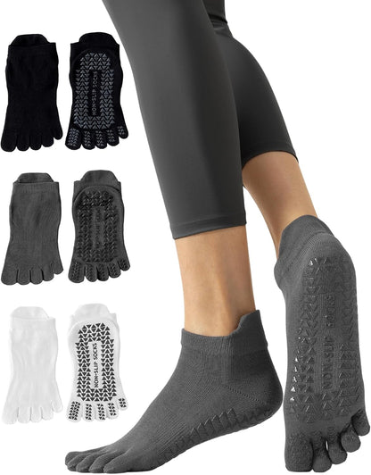 Yawlsow 3 Pairs Pilates Yoga Toe Socks with Grips for Women, Five Toe Non-Slip Socks for Barre Ballet Fitness Hospital