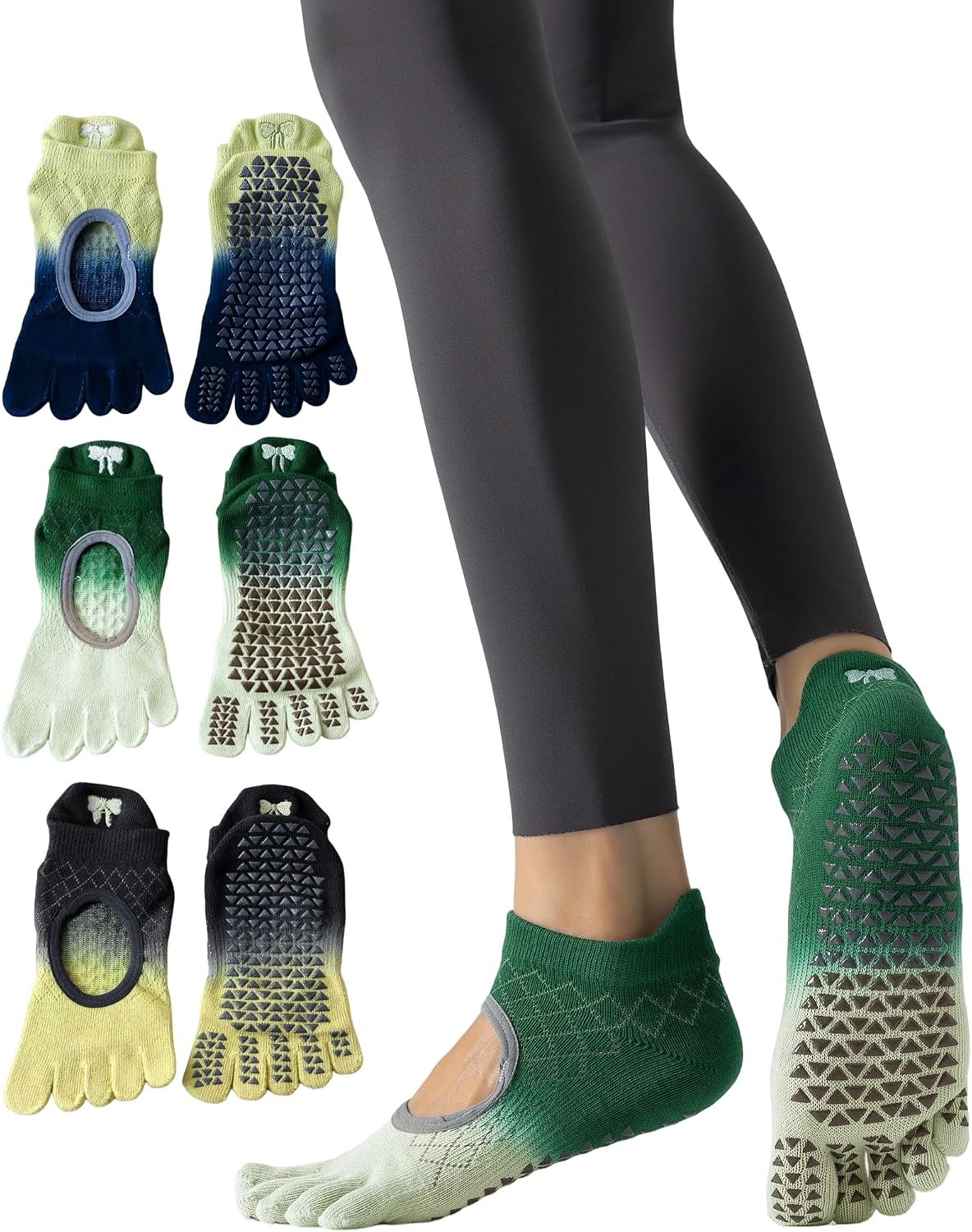 Yawlsow 3 Pairs Pilates Yoga Toe Socks with Grips for Women, Five Toe Non-Slip Socks for Barre Ballet Fitness Hospital