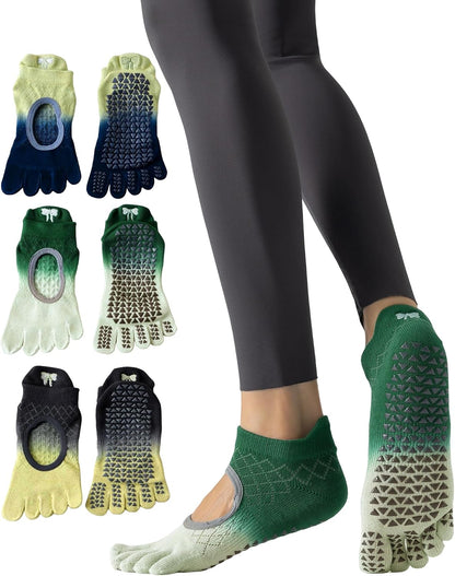 Yawlsow 3 Pairs Pilates Yoga Toe Socks with Grips for Women, Five Toe Non-Slip Socks for Barre Ballet Fitness Hospital