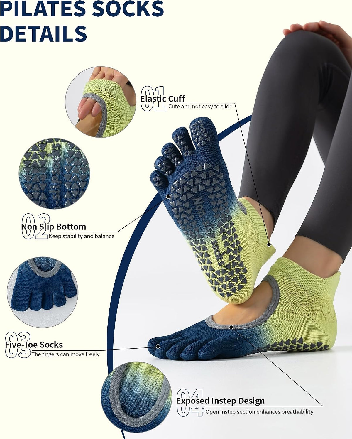 Yawlsow 3 Pairs Pilates Yoga Toe Socks with Grips for Women, Five Toe Non-Slip Socks for Barre Ballet Fitness Hospital