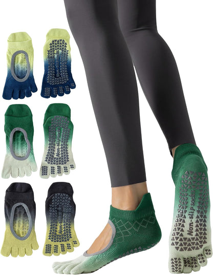 Yawlsow 3 Pairs Pilates Yoga Toe Socks with Grips for Women, Five Toe Non-Slip Socks for Barre Ballet Fitness Hospital