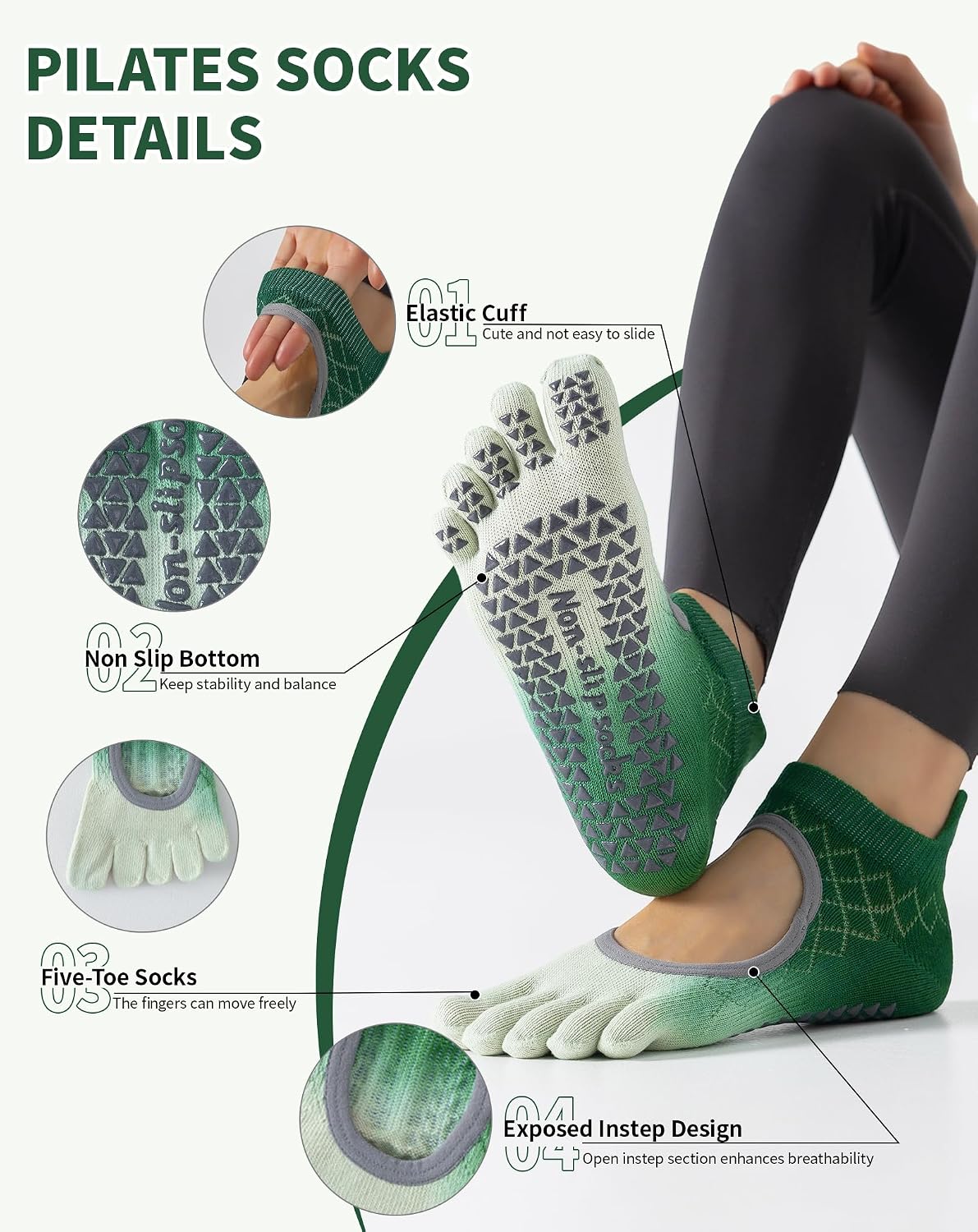 Yawlsow 3 Pairs Pilates Yoga Toe Socks with Grips for Women, Five Toe Non-Slip Socks for Barre Ballet Fitness Hospital