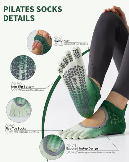 Yawlsow 3 Pairs Pilates Yoga Toe Socks with Grips for Women, Five Toe Non-Slip Socks for Barre Ballet Fitness Hospital