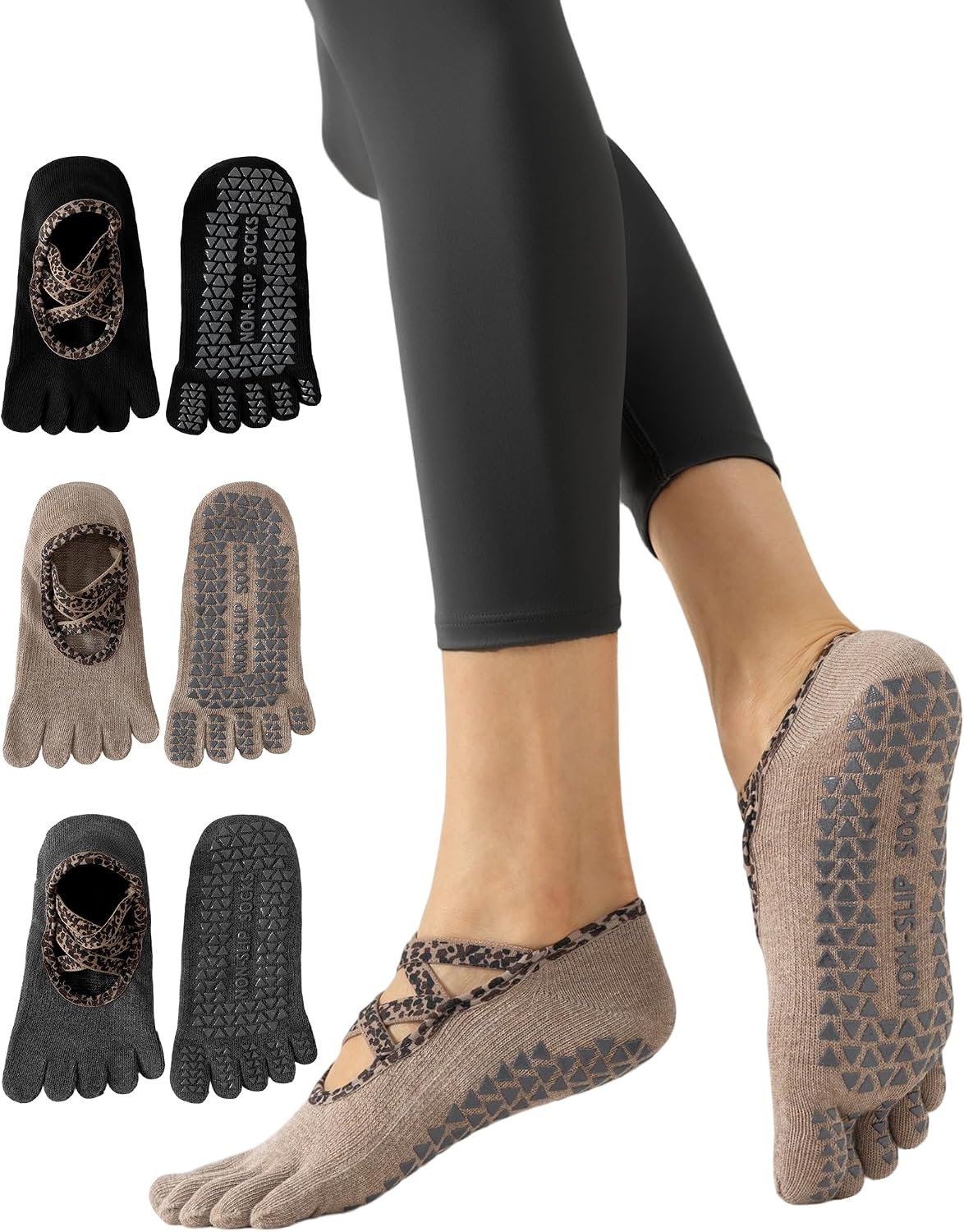 Yawlsow 3 Pairs Pilates Yoga Toe Socks with Grips for Women, Five Toe Non-Slip Socks for Barre Ballet Fitness Hospital