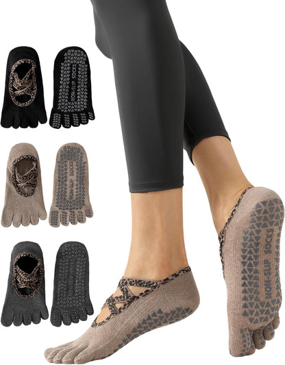 Yawlsow 3 Pairs Pilates Yoga Toe Socks with Grips for Women, Five Toe Non-Slip Socks for Barre Ballet Fitness Hospital