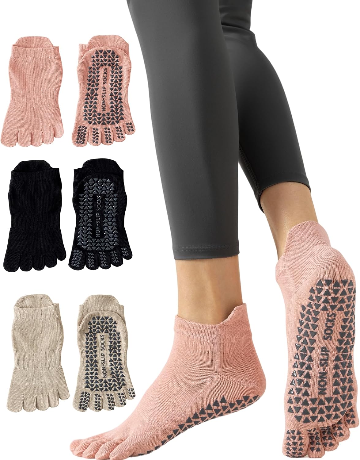 Yawlsow 3 Pairs Pilates Yoga Toe Socks with Grips for Women, Five Toe Non-Slip Socks for Barre Ballet Fitness Hospital