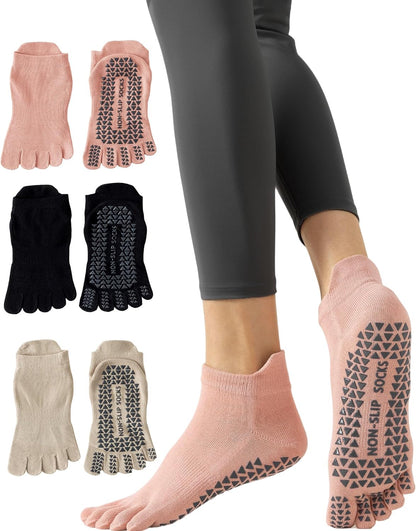 Yawlsow 3 Pairs Pilates Yoga Toe Socks with Grips for Women, Five Toe Non-Slip Socks for Barre Ballet Fitness Hospital