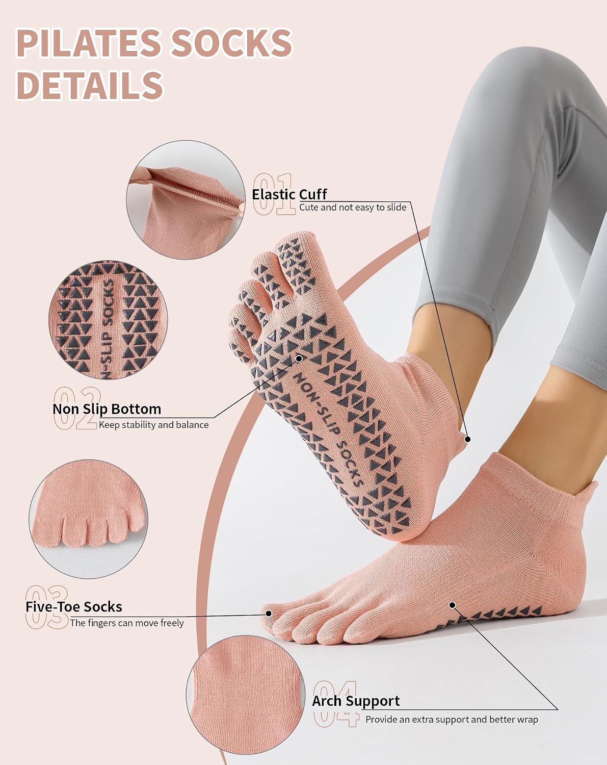 Yawlsow 3 Pairs Pilates Yoga Toe Socks with Grips for Women, Five Toe Non-Slip Socks for Barre Ballet Fitness Hospital