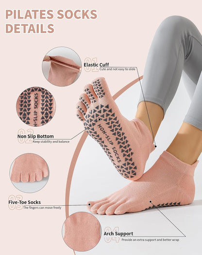 Yawlsow 3 Pairs Pilates Yoga Toe Socks with Grips for Women, Five Toe Non-Slip Socks for Barre Ballet Fitness Hospital
