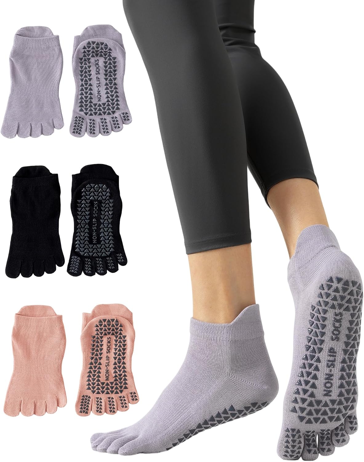 Yawlsow 3 Pairs Pilates Yoga Toe Socks with Grips for Women, Five Toe Non-Slip Socks for Barre Ballet Fitness Hospital