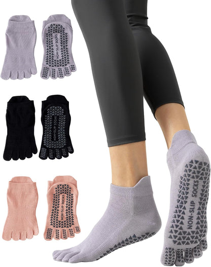 Yawlsow 3 Pairs Pilates Yoga Toe Socks with Grips for Women, Five Toe Non-Slip Socks for Barre Ballet Fitness Hospital
