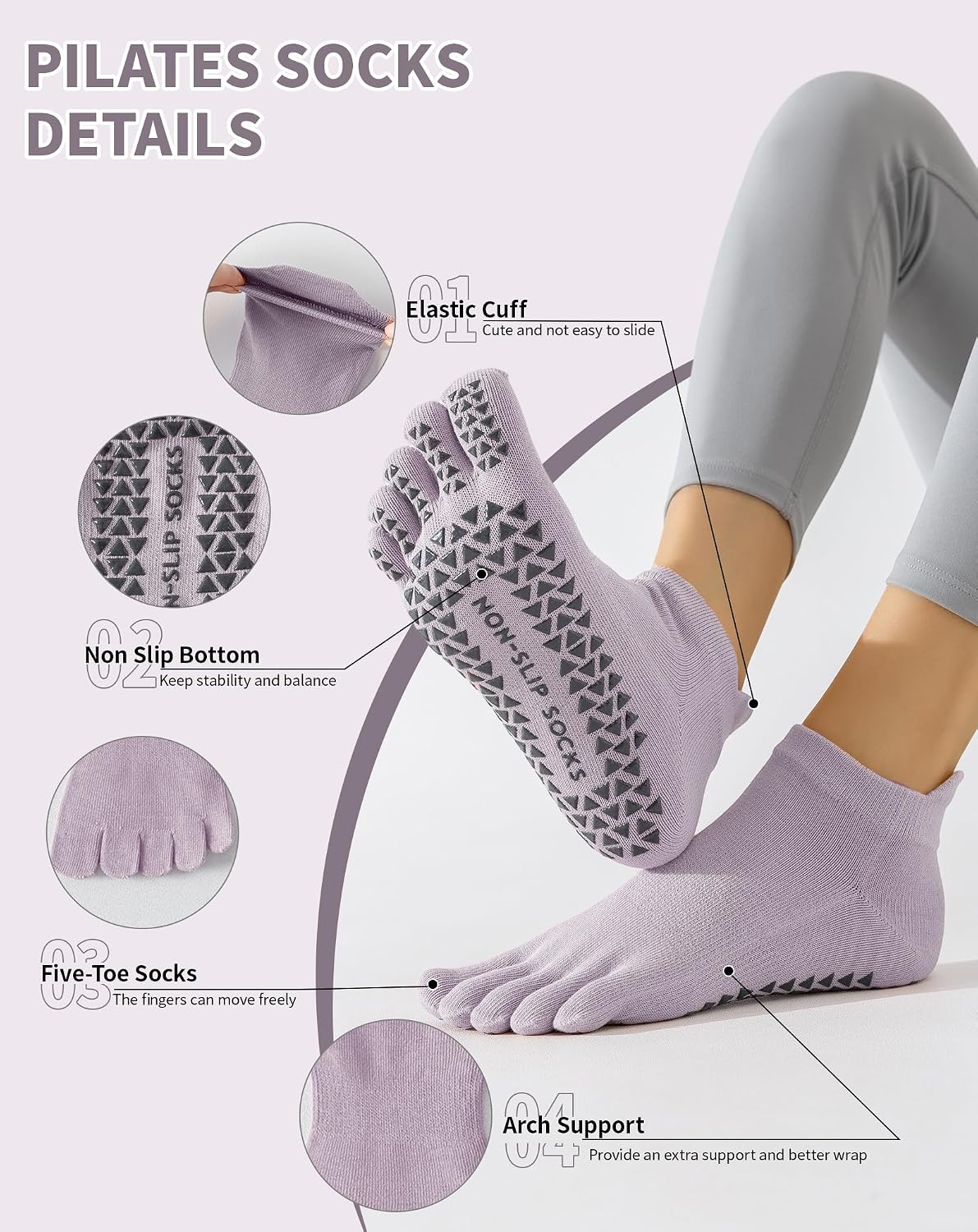 Yawlsow 3 Pairs Pilates Yoga Toe Socks with Grips for Women, Five Toe Non-Slip Socks for Barre Ballet Fitness Hospital